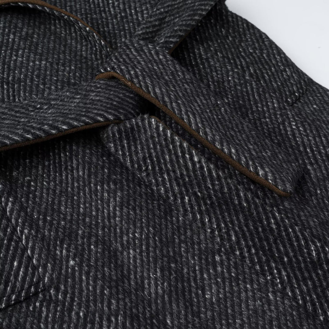 Women Long Wool Herringbone Coat with Tie Belt and Large Notched Collar Amarae