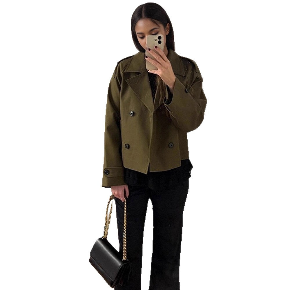 Women's Cropped Double-Breasted Trench Coat with Boxy Silhouette and Patch Pockets Amarae
