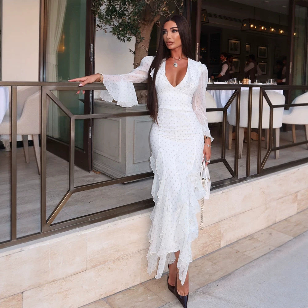 Women's chiffon maxi dress with deep V-neck, transparent bell sleeves and tiered ruffles Amarae