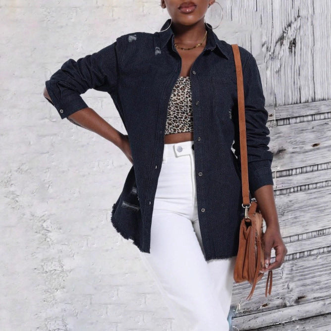 Women Oversize Denim Shirt Jacket with Used Effects and Raw Hem Amarae
