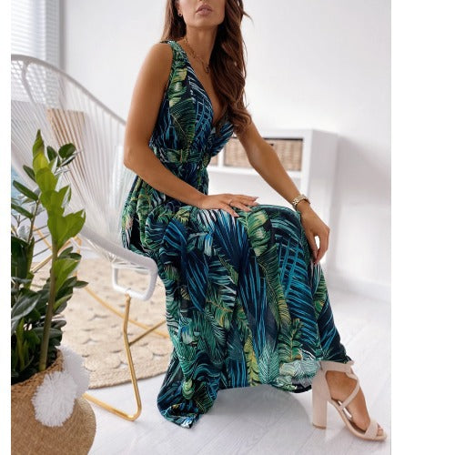 Maxi dress with tropical print for women with adjustable belt Lune London