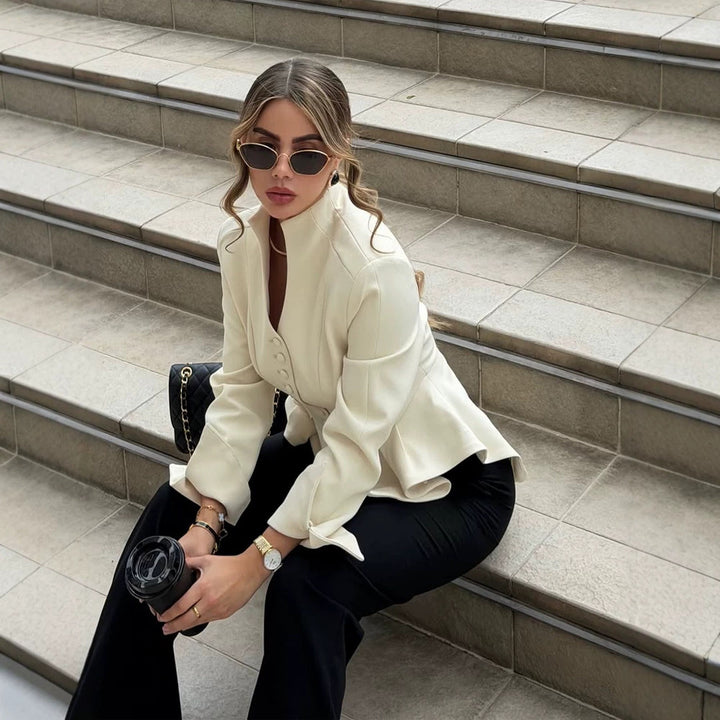 Women Tailored Blazer with Flounce, Stand Collar & Decorative Button Placket Amarae