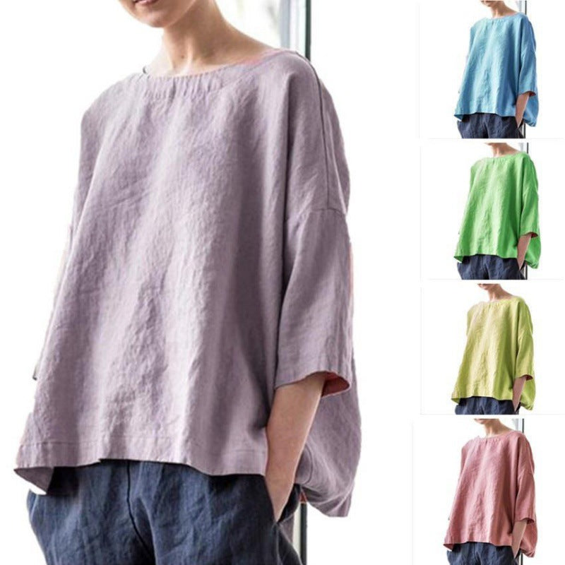 Women's oversized linen blouse with wide boxy cut, boat neckline and 3/4 sleeves Amarae