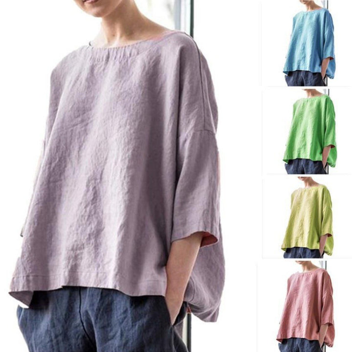 Women's oversized linen blouse with wide boxy cut, boat neckline and 3/4 sleeves Amarae