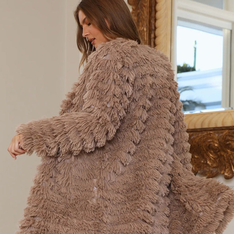 Women Midi-length Plush Coat with Fringe Structure and Open Silhouette Amarae
