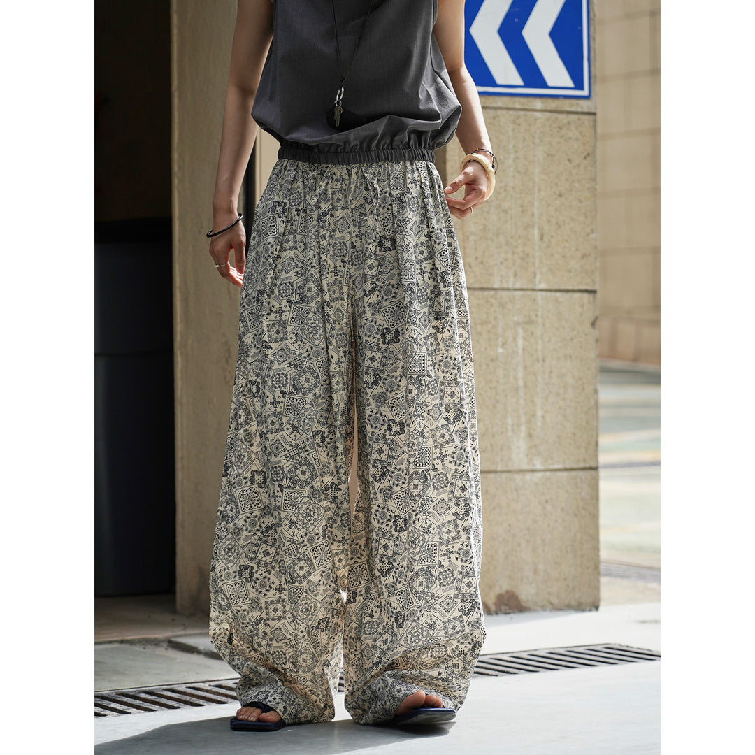 Women's Wide Lightweight Palazzo Pants with Elastic Drawstring Waistband and Tile Print Amarae