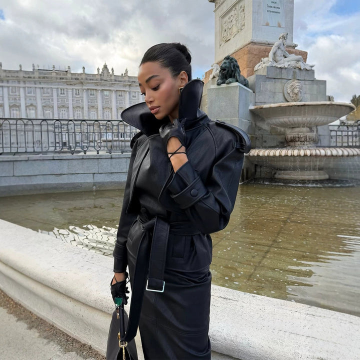 Women's Tailored Leather Jacket with Short Cape Insert, Shoulder Pads and Tie Belt Amarae