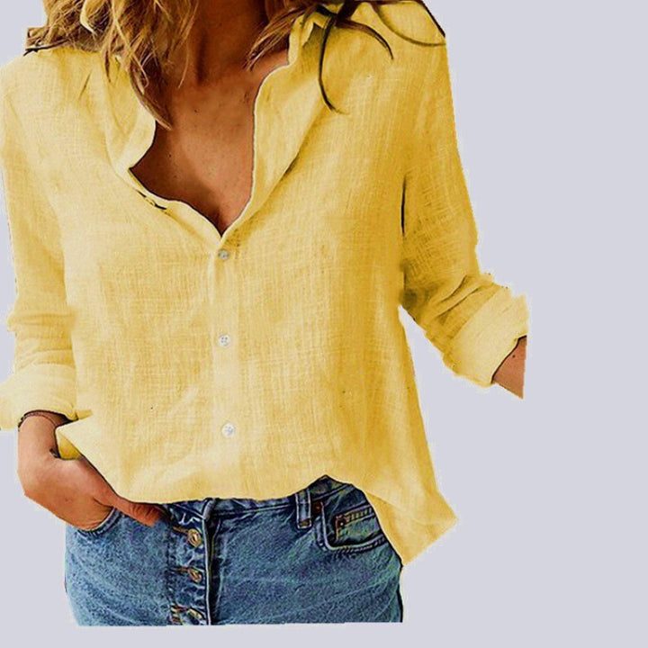 Women's lightweight linen blouse in a casual oversized cut with a step collar and continuous button placket Amarae