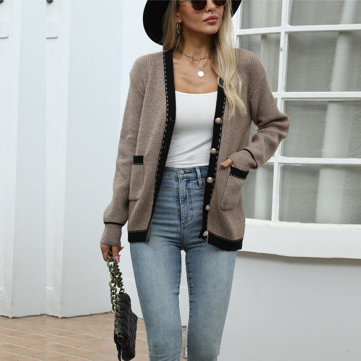 Knitted jacket for women with decorative button details and a contrasting pattern Lune London