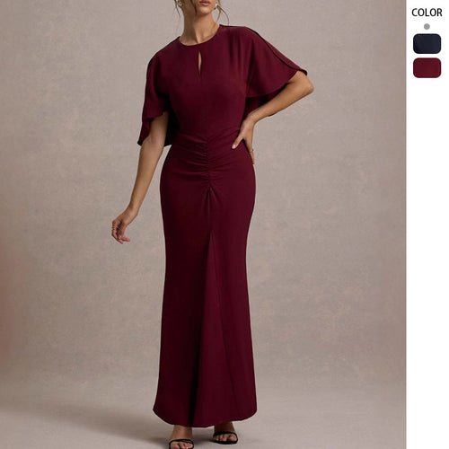 Ladies Elegant Evening Dress with Voluminous Sleeves and Sophisticated Wrap Detail