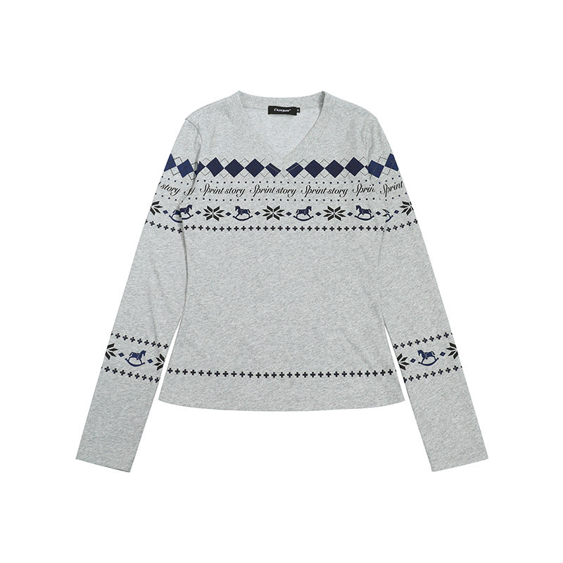 Women's Long Sleeve Shirt with V-Neck and Scandinavian Norwegian Print made of Cotton Blend Amarae