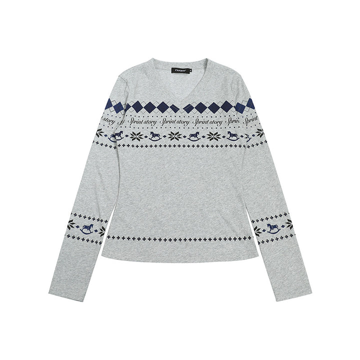 Women's Long Sleeve Shirt with V-Neck and Scandinavian Norwegian Print made of Cotton Blend Amarae