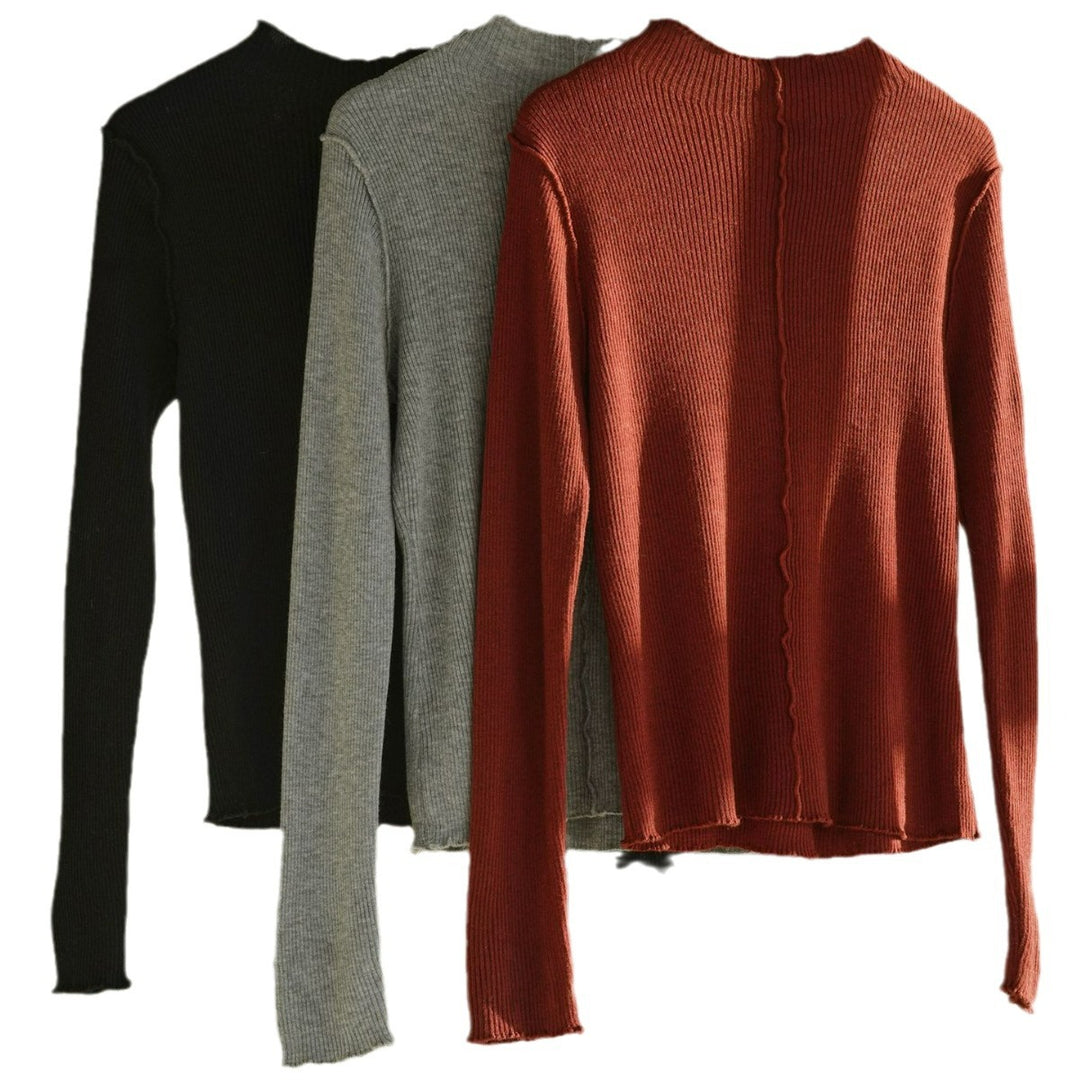 Women Fitted Ribbed Long Sleeve with Short Stand-Up Collar and Fine Wave Edge