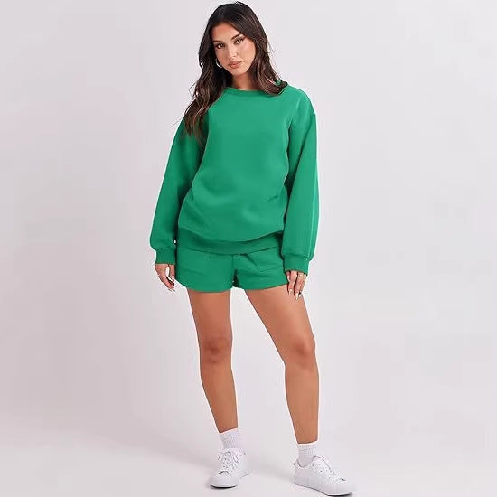 Women's Casual Two-Piece Lounge Sweatset with Oversized Round Neck Sweatshirt and High-Waist Relax Shorts Amarae