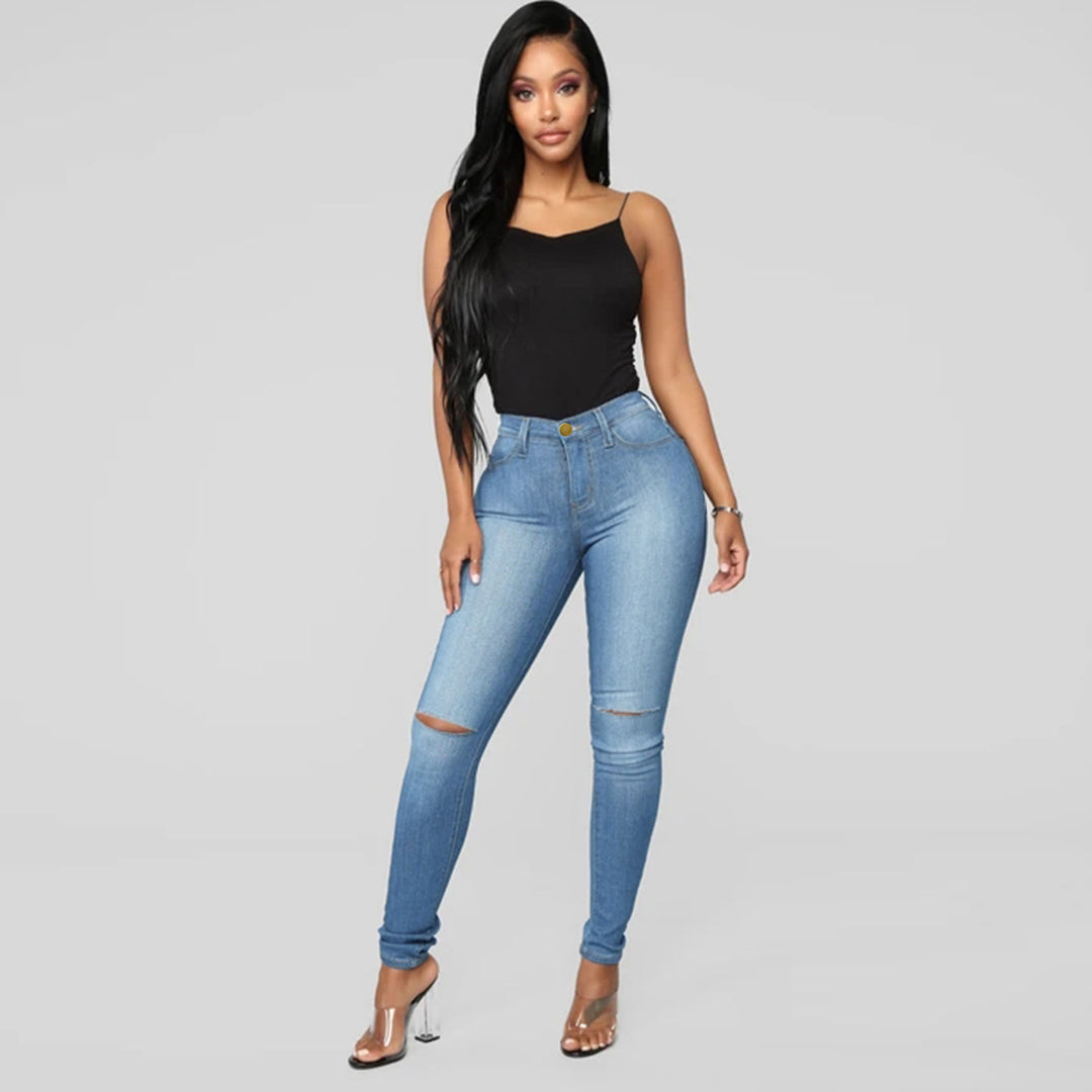 Women's High-Waist Skinny Jeans with Knee Rips and Figure-Flattering Cut Amarae