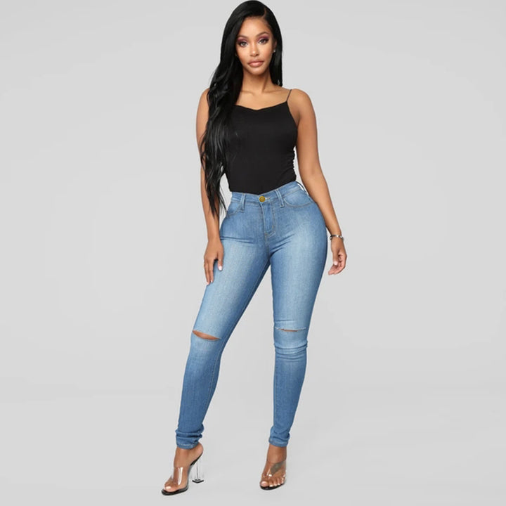 Women's High-Waist Skinny Jeans with Knee Rips and Figure-Flattering Cut Amarae