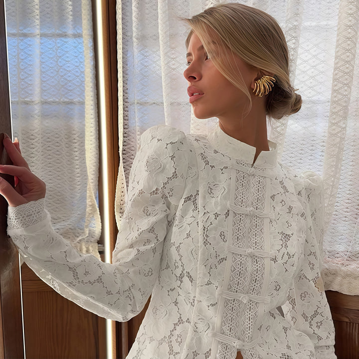 Lace blouse for women with fine gathered details and transparent sleeves Lune London