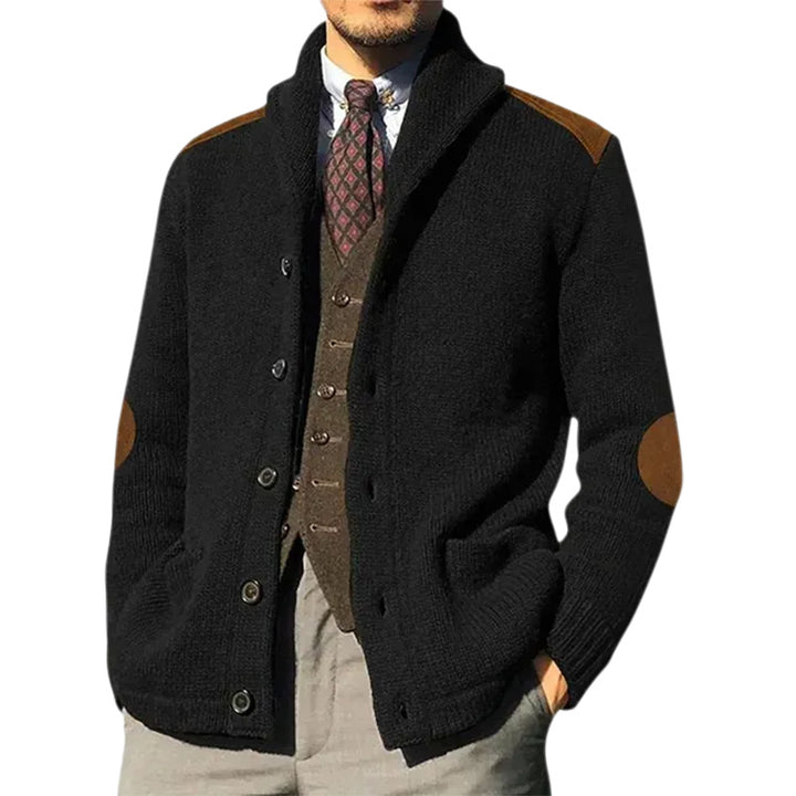 Men's knit jacket with classic shawl collar and elegant leather details Lune London