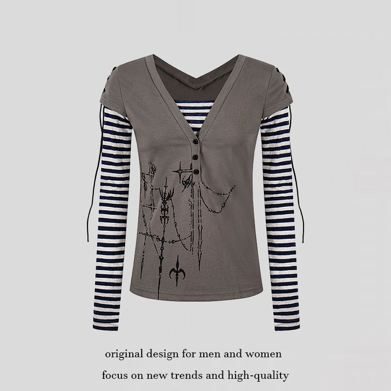 Women's Layered Long Sleeve Shirt with V-Neck, Striped Inner Layer and Lacing Detail Amarae