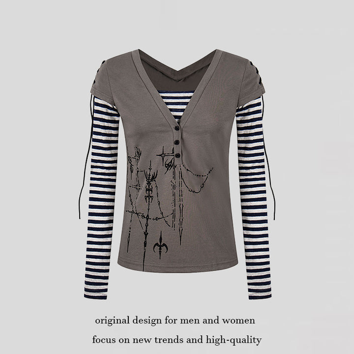 Women's Layered Long Sleeve Shirt with V-Neck, Striped Inner Layer and Lacing Detail Amarae