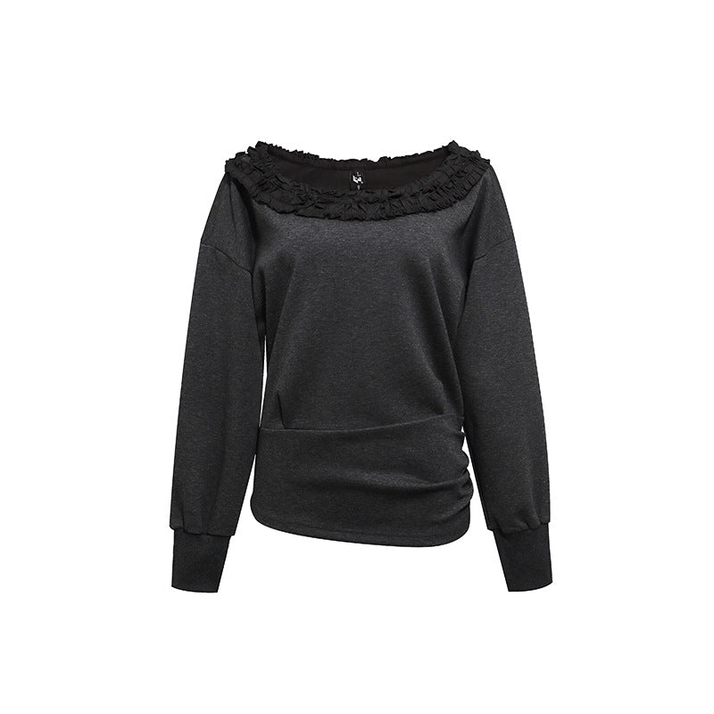 Women's sweatshirt with off-the-shoulder neckline, lace ruffle, and side gathers Amarae