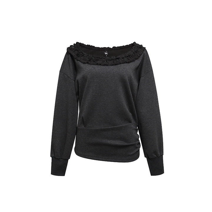 Women's sweatshirt with off-the-shoulder neckline, lace ruffle, and side gathers Amarae