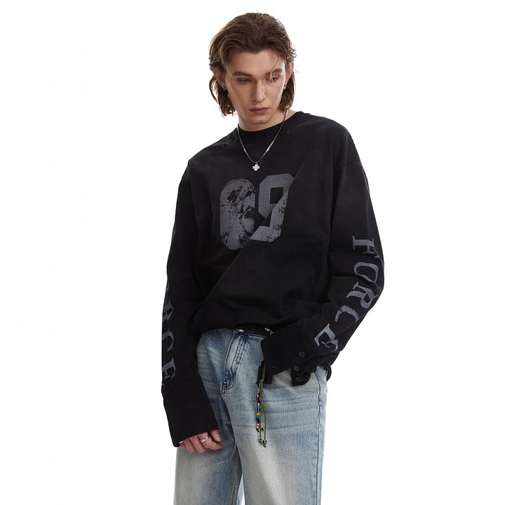 Men's Oversized Long Sleeve Sweatshirt with Print, Extended Cuffs and Used Details Amarae