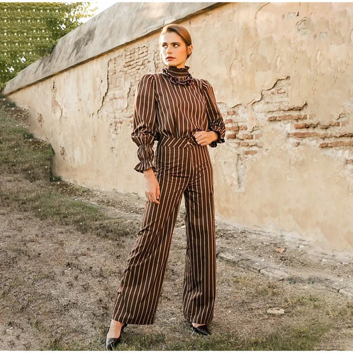 Striped suit set for women with voluminous sleeves and gathered details Lune London