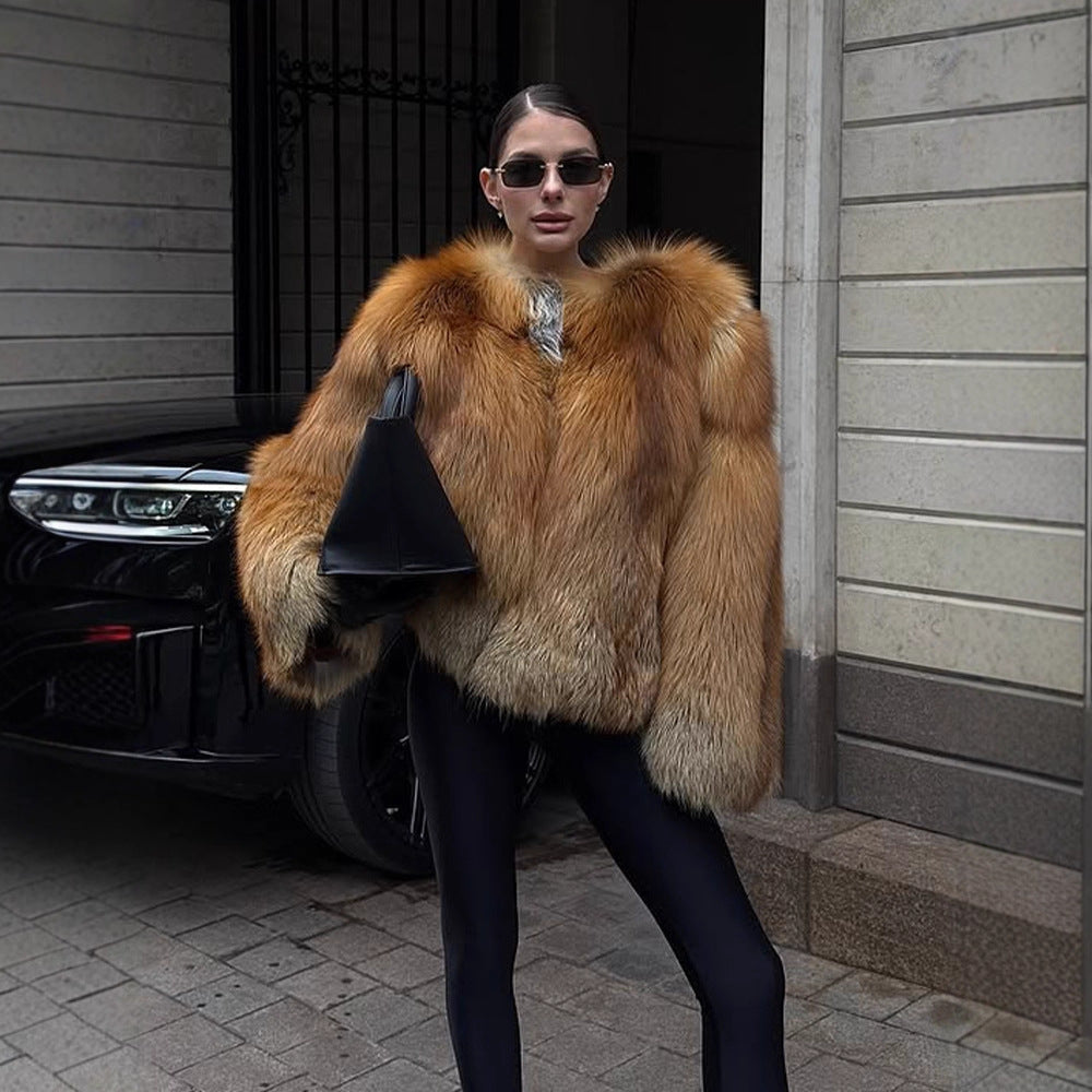 Women Boxy Short Coat in Multi-Layer Faux Fur Look with Voluminous Sleeves Amarae
