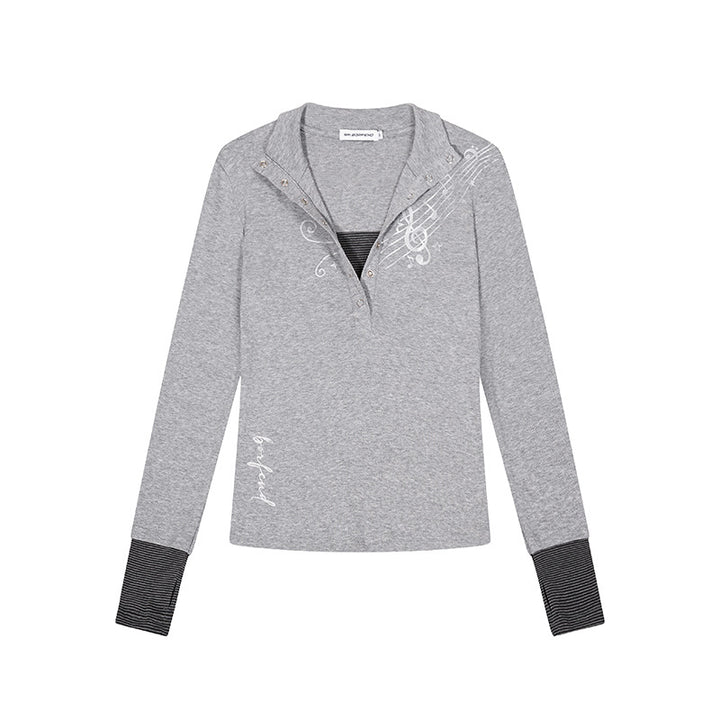 Women’s long-sleeve shirt with Henley button placket, contrast cuffs, and music note print Amarae