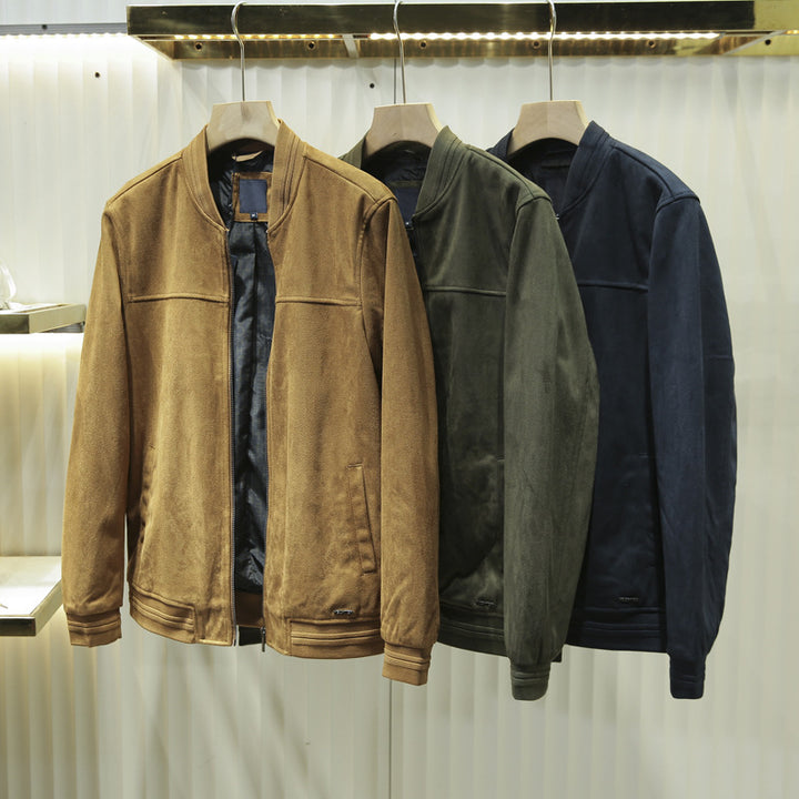 Men's leather bomber jacket with ribbed collar, concealed zipper, and side pockets Amarae