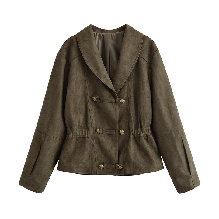 Women's Cropped Suede-Look Jacket with Shawl Collar, Waist Gather and Decorative Toggle Buttons Amarae
