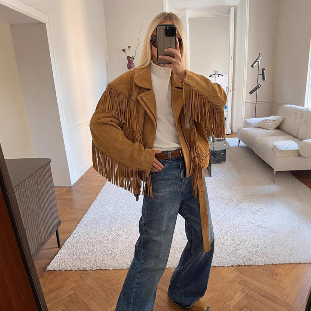 Leather jacket for women with fringes and belt at the waist Lune London