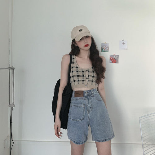 Women's Cropped Top with Check Pattern and Button Detail Amarae