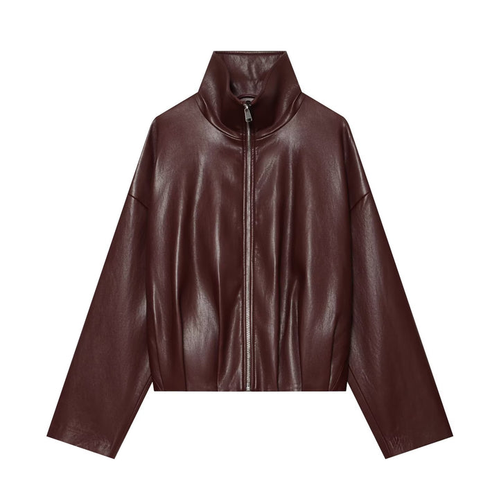 Women's Cropped Boxy Bomber Jacket in shiny leather look with high funnel collar Amarae