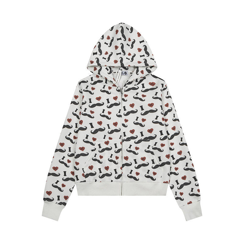 Women's Short Hooded Sweat Jacket with Graphic Print, Ribbed Cuffs, and Kangaroo Pockets Amarae