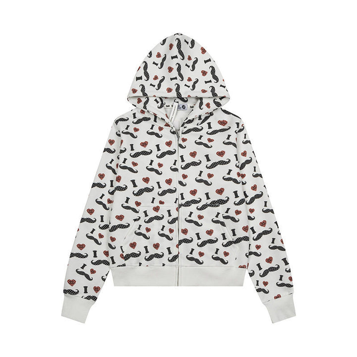 Women's Short Hooded Sweat Jacket with Graphic Print, Ribbed Cuffs, and Kangaroo Pockets Amarae