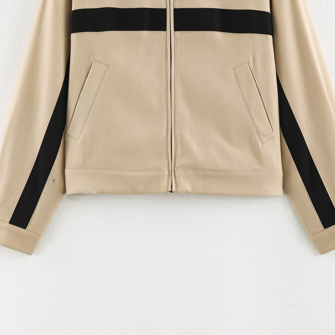 Ladies Cropped Track Jacket with Stand-up Collar, Zipper and Side Contrast Stripes Amarae