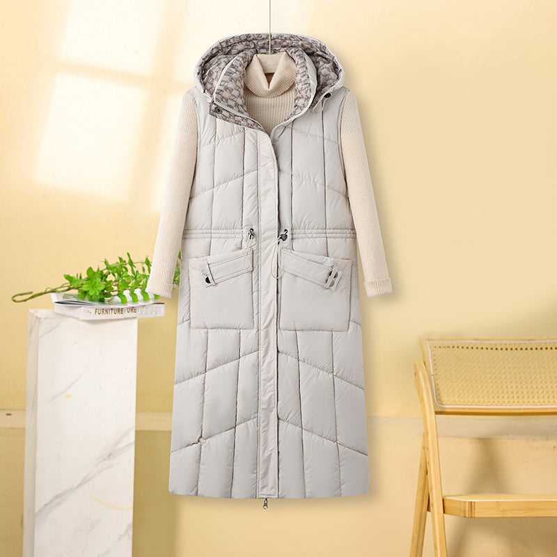 Ladies long quilted gilet with hood and practical drawstring Lune London