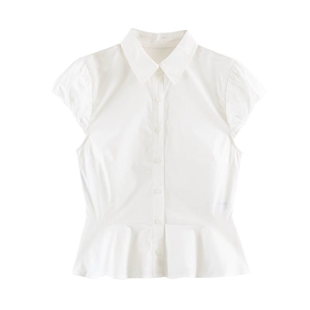 Women's Tailored Short Sleeve Blouse with Peplum, Shirt Collar and Fine Pinstripe Amarae