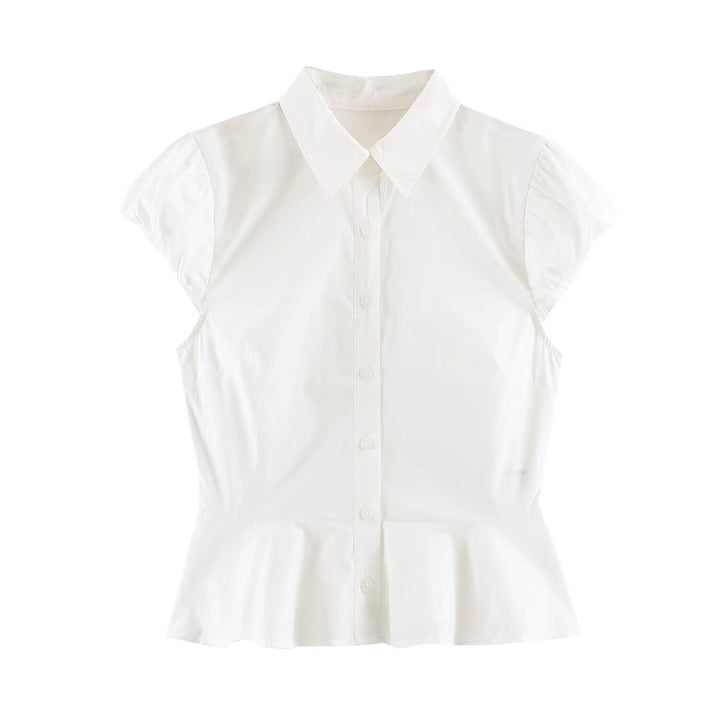 Women's Tailored Short Sleeve Blouse with Peplum, Shirt Collar and Fine Pinstripe Amarae