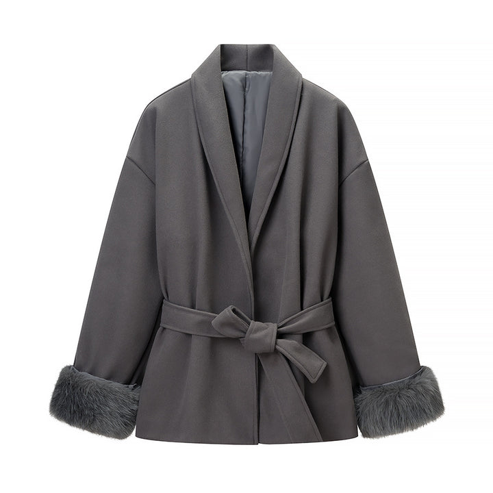 Women's Oversized Wrap Coat with Shawl Collar and Fur Trim on the Sleeves Amarae