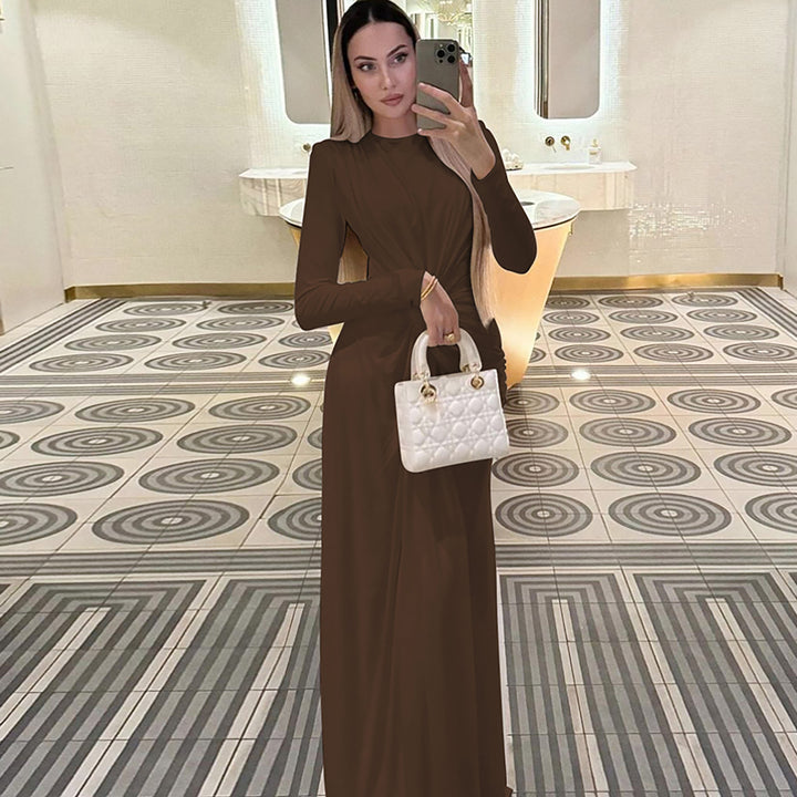 Ladies Elegant Long Dress with Gathered Details and High Collar Lune London