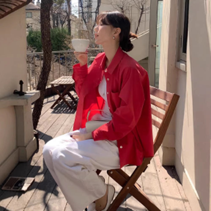 Women's loose-fitting cotton blouse with full button placket, shirt collar & roll-up sleeves Amarae