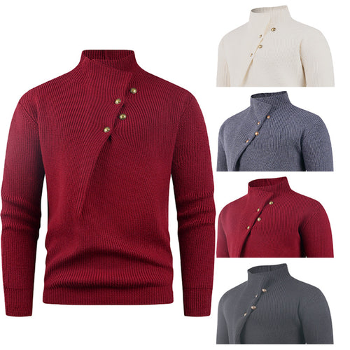 Men's knit sweater with asymmetrical collar and decorative wooden buttons Amarae