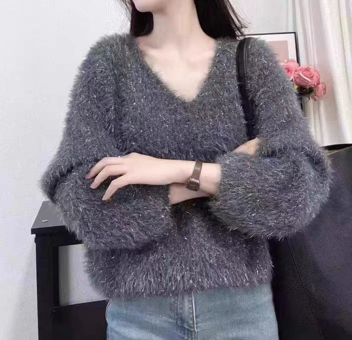 Pull V-neck pour femmes en tricot douillet avec fil à paillettes Chic & Stil