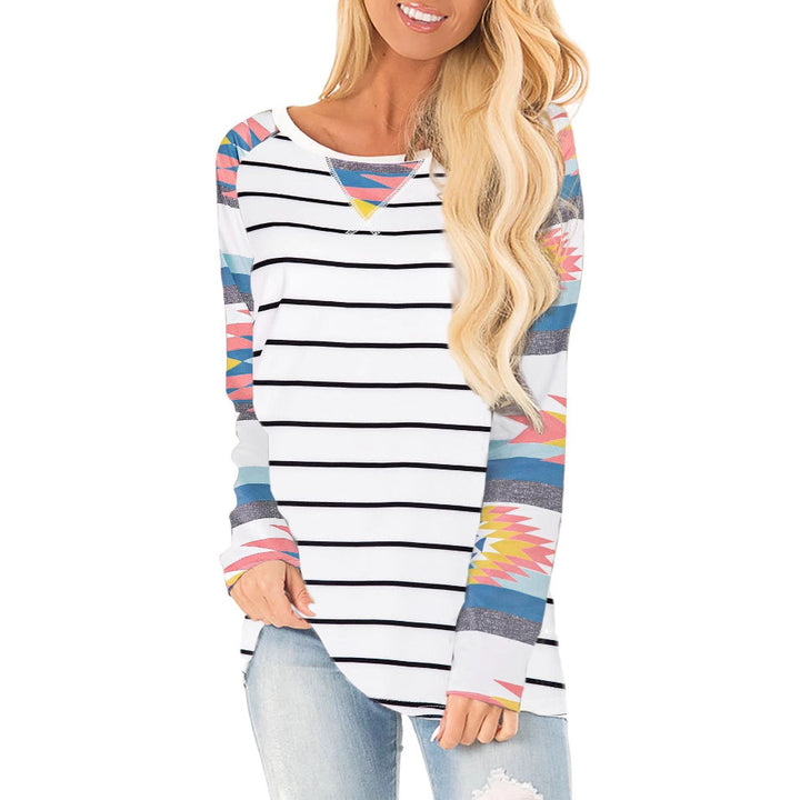 Ladies casual long sleeve T-shirt with colorful patterns and a Chic and Stylish striped design