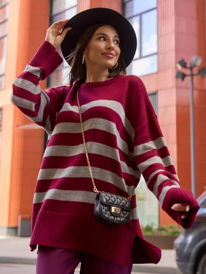 Oversized knit sweater for women with a trendy striped pattern and a richly detailed ribbed texture Lune London