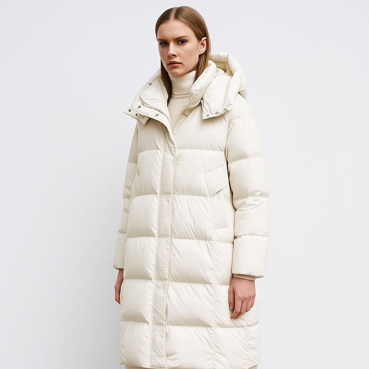 Women Long Down Coat With Adjustable Hood And Luxury Chic Inner Lining