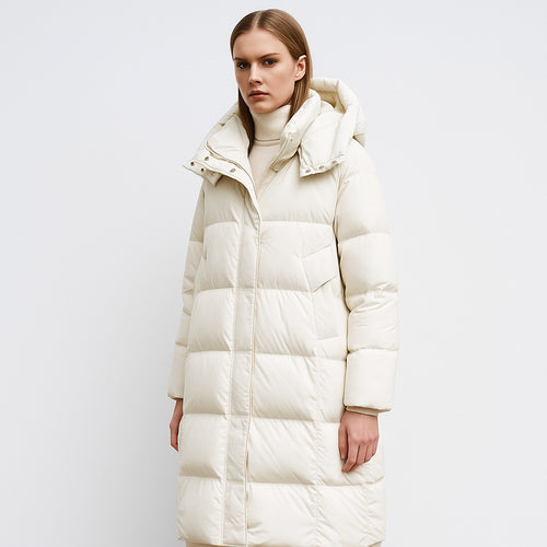Women Long Down Coat With Adjustable Hood And Luxury Chic Inner Lining
